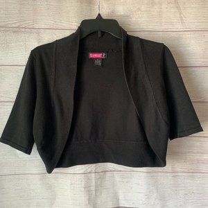 “SAY WHAT?” BLACK KNIT BOLARO/SHRUG SIZE LARGE EUC
